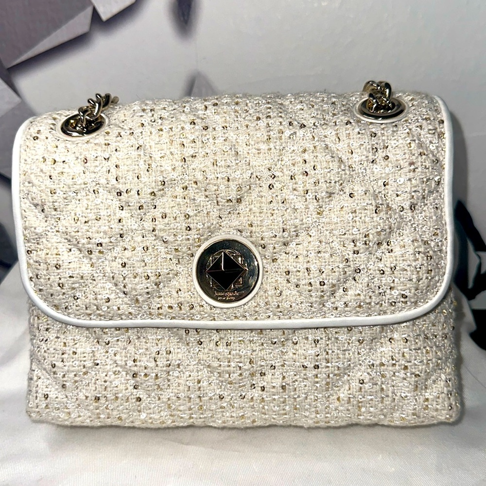 Kate Spade Sequin Tweed Crossbody Bag off-white/light beige quilted w sequins